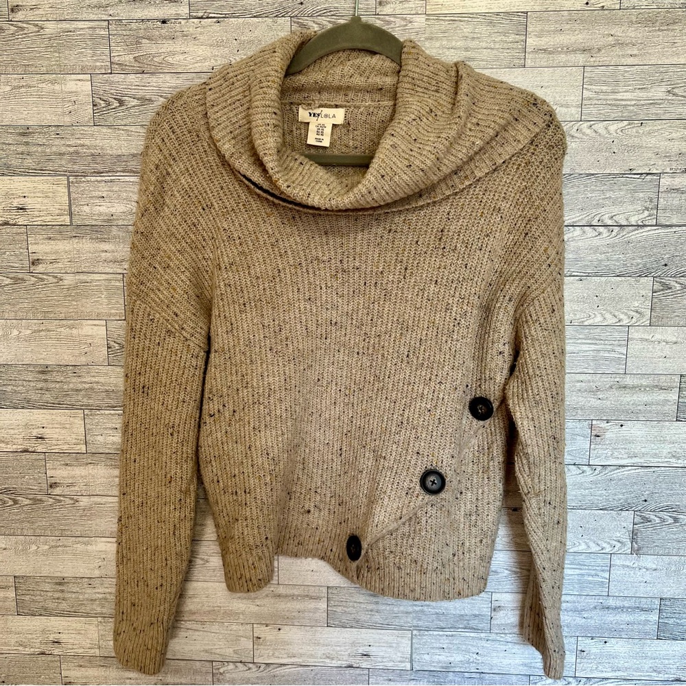 Yes Lola Cowl Neck Chunky Sweater, Brown, Size X-Small Soft &‎ Stretchy, Buttons